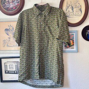 Green Elephant Print Silk Short Sleeved Button Up